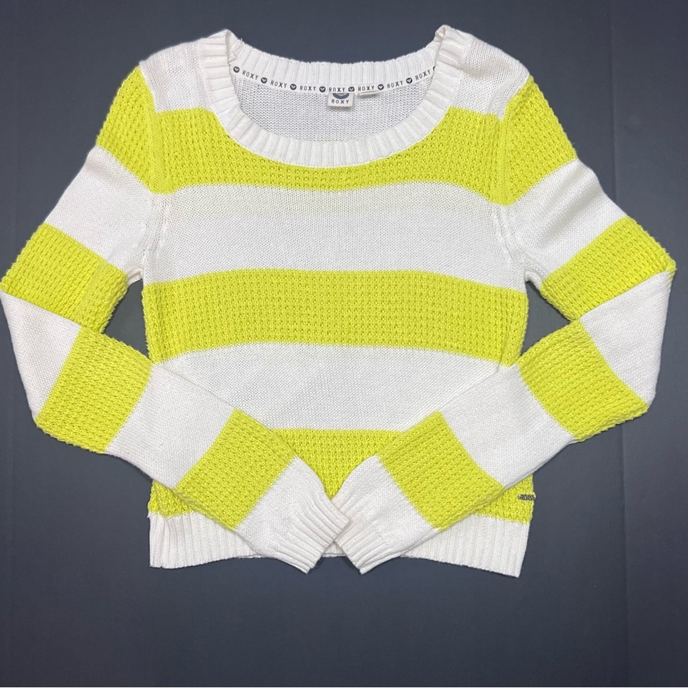 Roxy Neon Yellow Stripe Knit Sweater Size Large White Crewneck Beachy